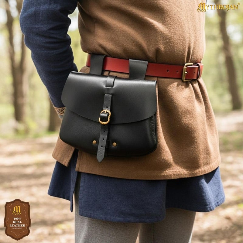 Mythrojan Medieval Leather Belt Pouch Vintage Waist Bag for LARP, Renaissance Fairs, Costumes, Cellphone Holder, Travel Wallet, Fanny Pack, Holster Purse Durable & Stylish Pouch - Black, 6.2â€ x 7â€ - Image 3